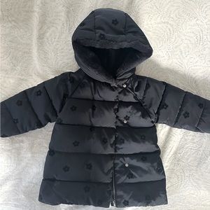 EUC Jacadi girls navy coat jacket with velvet flower detail, Size 18-24 months.